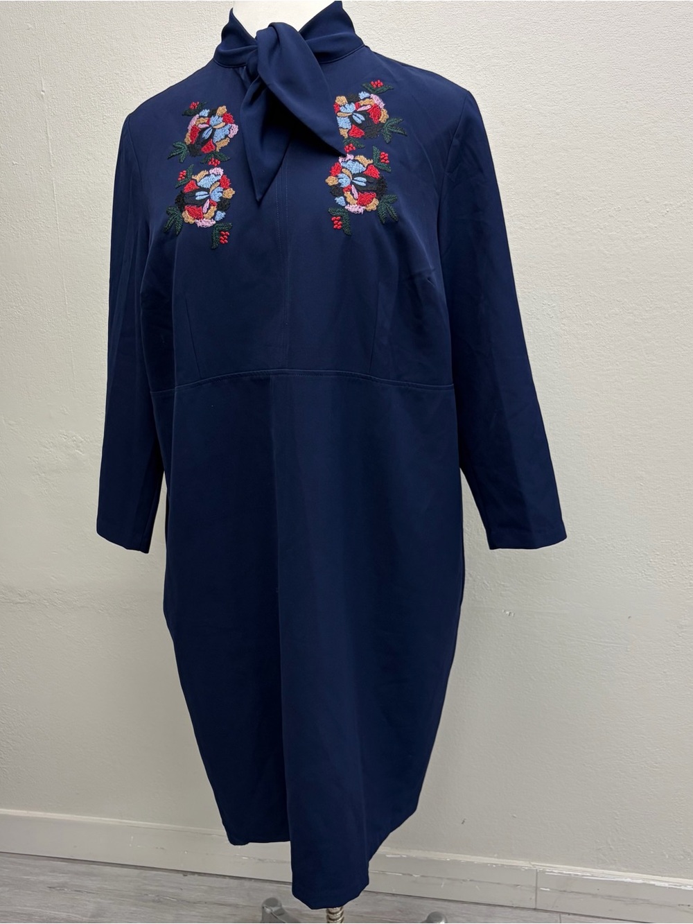 Eloquii Navy Long-Sleeve Tie-Neck Dress with Floral Embroidery